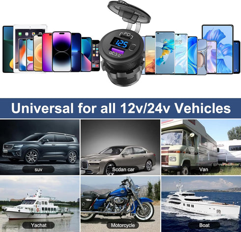 12V USB C Car Charger Socket, 38W USB Cigarette Lighter Replacement with PD 3.0 and QC 3.0 for Car Marine Truck