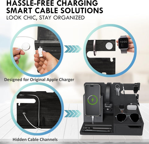 Black Nightstand Organizer for Dad - Best Birthday Gifts for Men to Organize Cellphone, Watch, Sunglasses & Accessories