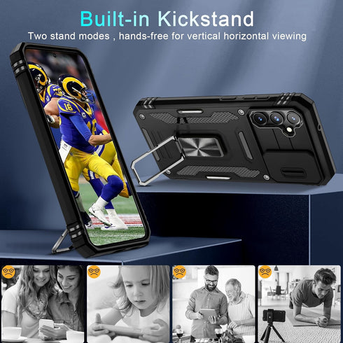 DEERLAMN Galaxy S23 FE Case - Black, Military Grade Shockproof, Slide Camera Cover, Screen Protector & Rotated Ring