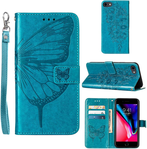 iPhone SE 2022/SE 2020 Case, 6/6S/7/8 Wallet Case | Butterfly Floral Embossed Leather Protective Flip Cover with Card