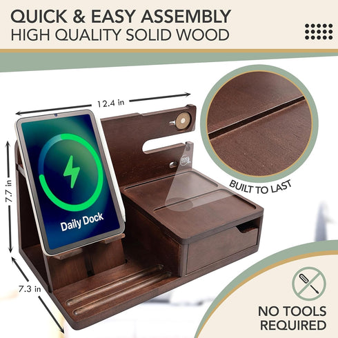 Nightstand Organizer- Bedside Docking Station for Men- Unique Gifts for Husband, Father or Dad from Wife, Son
