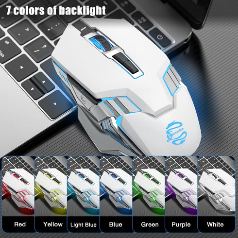 White Bluetooth Mouse, Rechargeable USB Wireless Dual Mode with RGB Light, Ergonomic for Laptop, MacBook