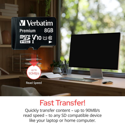 Verbatim 8GB V10 10 (1080p) U1 80MB/s Premium microSDHC Memory Card with Adapter UHS-I Class Supports Full HD Speed