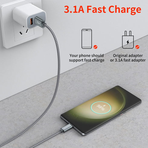 USB Type C Cable, (2-Pack 3FT) USB C Charger Cable Nylon Braided Fast Charging Sync Cord Compatible iPhone 15/15 Pro Max Samsung Galaxy S10 S9 S8 Plus,Note 9 8, LG G7 V30S,Google Pixel 2 XL,(Gray) by KUXIYAN