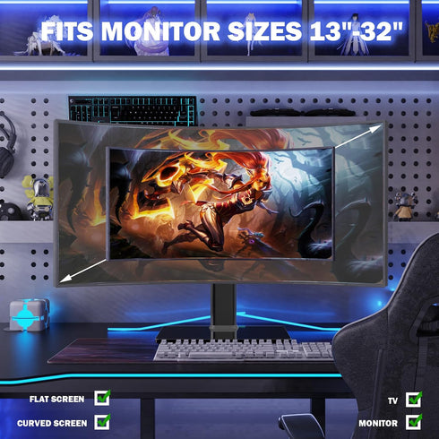 Single LCD Computer Monitor Free-Standing Desk Stand, Height Adjustable for 13-32 Inch Screens, Holds up to 77 lbs