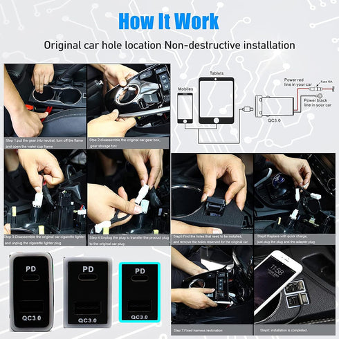 PD USB Type C Quick Charge Car Charger Adapter Socket for Laptop/Smartphone, for Toyota Vigo QC3.0 & USB