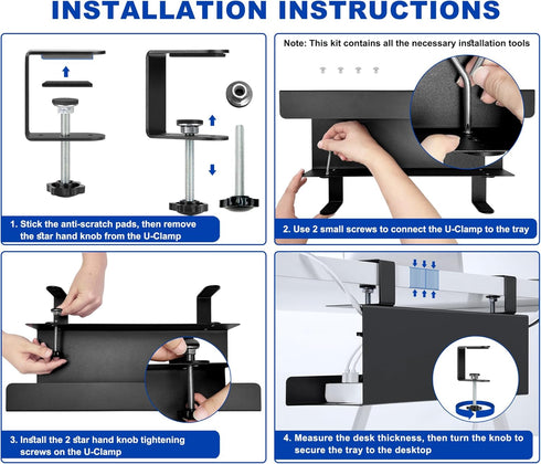 Zhiyo Steel 15.8in Cable Management Under Desk Tray - XL Clamp-On Cord Organizer for Desk, Black Wire Management Tray