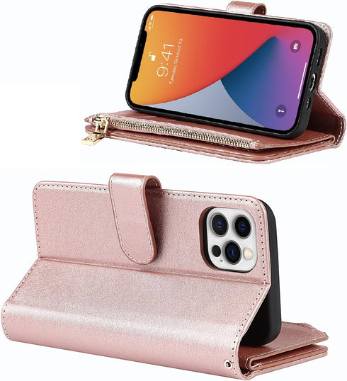 Jaorty Wallet Case for iPhone 12 Pro, 9 Card Slots, Wrist Strap, Zipper Cash Pocket, Magnetic Leather Cover, Rosegold