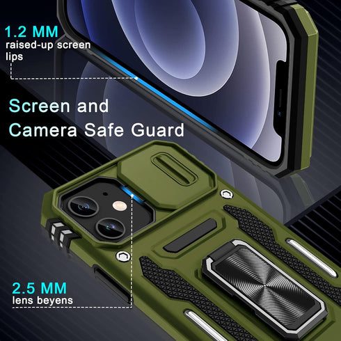 DEERLAMN iPhone 12/12 Pro Case - Olive Green, Military Grade Shockproof, Slide Camera Cover & 2 Screen Protectors.