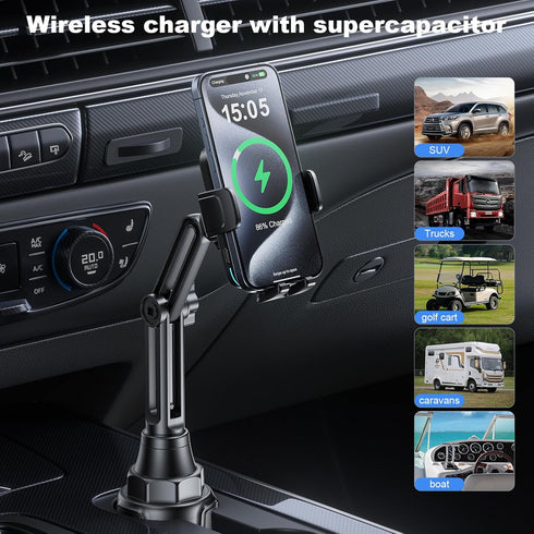 Wireless Car Charger, Car Cup Phone Holder, 15W Fast Charging Auto Clamping Dual Port PD&QC3.0 for iPhone