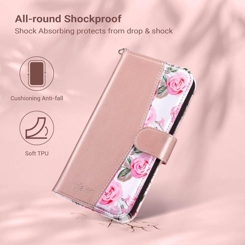 ULAK Compatible with iPhone 15 Pro, Wallet Case with Card Holder, Flower Flip Case for Women Girls, Rose Gold