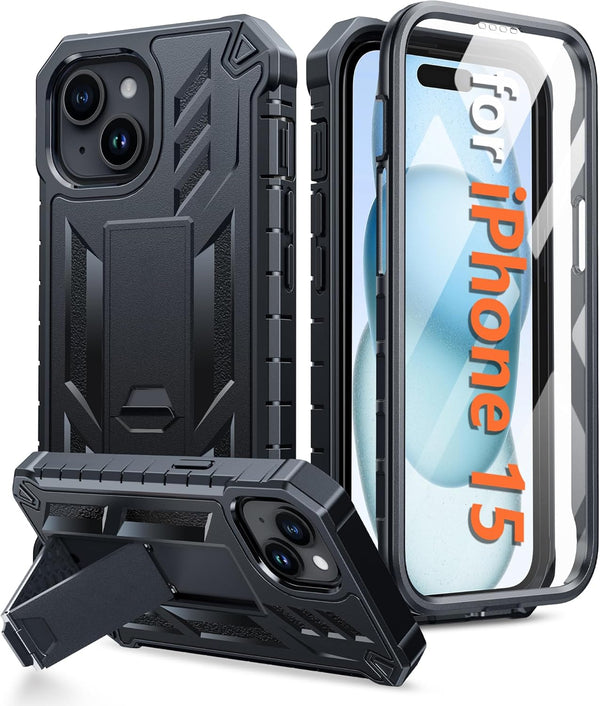 FNTCASE iPhone 15 Case: Rugged Black Dual Layer, Military Grade Shockproof, Kickstand, 6.1" Full Protection Cover.