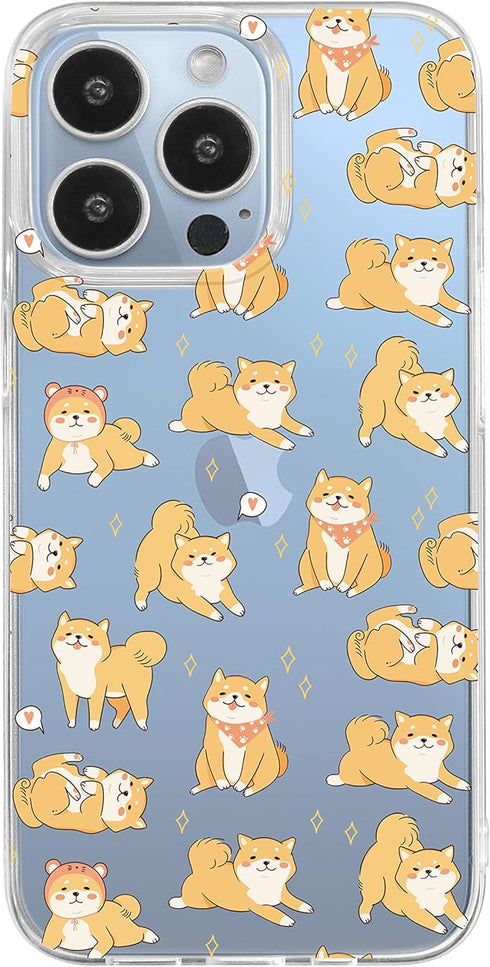 Blingy's iPhone 13 Pro Case (6.1 inch), Cute Shiba Inu Dog Cartoon Design, Transparent Soft TPU Protective Clear Case