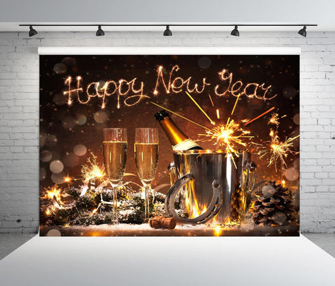 BELECO 5x3ft Fabric Happy New Year Backdrop 2025 New Years Eve Decorations Banner Champagne Fireworks Bokeh