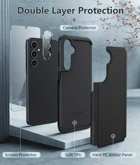 FNTCASE Samsung Galaxy S24 Case: Rugged Dual Layer, Shockproof, Non-Slip, Military Drop Protection, 6.2" Black Matte -