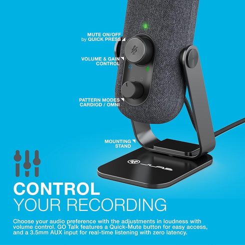 JLab Go Talk USB Microphone, Black, USB-C Output, Cardioid or Omnidirectional, Plug and Play with Volume Control