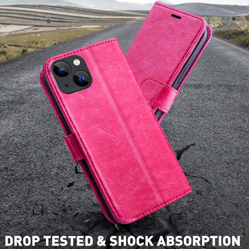 MONASAY Wallet Case for iPhone 15 5G, 6.1-inch, Flip Folio Leather Cover with Credit Card Holder, Hot-Pink [Glass