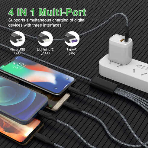 USB C to Multi 4 in 1 Long Charger Cable - Dual Lightning/Type C/Micro USB Connector, 2M/6Ft 6A PD Fast Long Charging