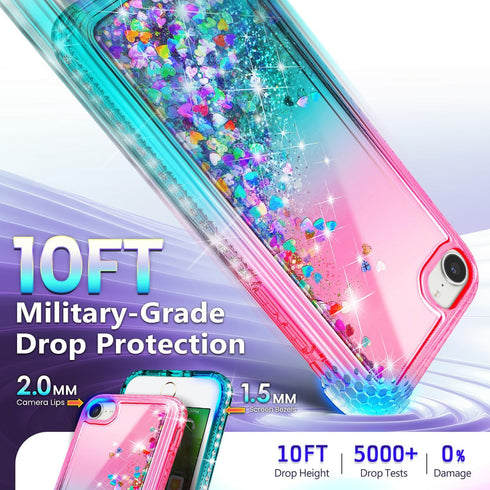 NGB iPhone SE (3rd 2022 & 2nd Gen 2020)/iPhone 8/7/6/6S Case, Pink/Aqua Glitter Liquid Cover with Screen Protector &