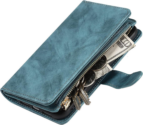 Jaorty Wallet Case for iPhone XR, Magnetic Leather Cover with 9 Card Slots, Wrist Strap, Stand Feature, Blue