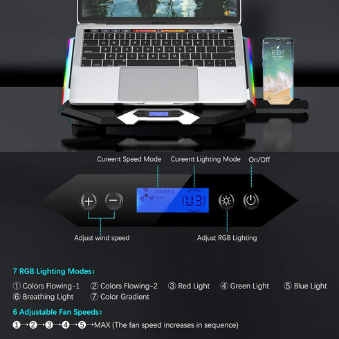 TopMate C11 Laptop Cooling Pad - RGB Gaming Notebook Cooler with Adjustable Height and 6 Quiet Fans