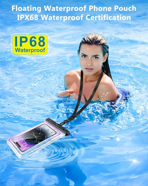 Floating Waterproof Phone Pouch, IPX68 Waterproof Phone Case with Lanyard for iPhone 15 14 13 12 Pro Max Samsung S24 S23 S22 S21 FE, Up to 7" Phone, Beach Vacation Essentials, Dazzling Purple