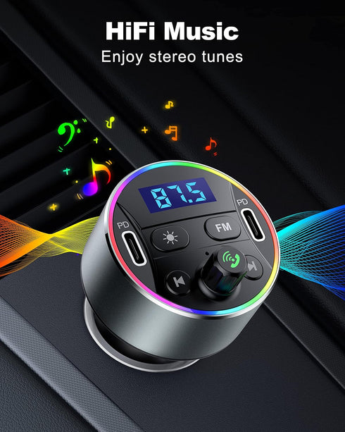 Dual PD 40W Type-C USB Car Charger, Bluetooth 5.3 FM Transmitter for Car with Microphone & HiFi Sound MP3 Music Player