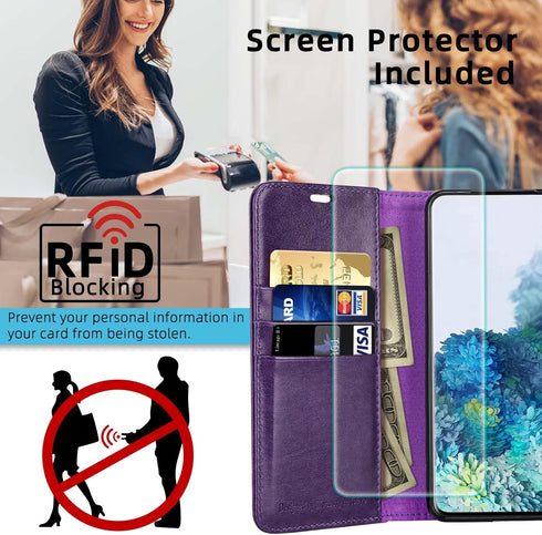 MONASAY Wallet Case for Galaxy S8, 5.8-inch, RFID Blocking, Purple Flip Folio with Screen Protector