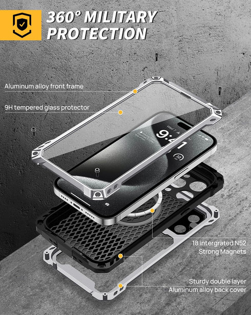 Lanhiem Metal Case for iPhone 15 Pro Max, Built-in Camera Kickstand & Glass Screen Protector, Heavy Duty Rugged Cover
