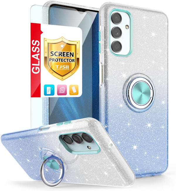 TJS Galaxy A13 5G Case, Galaxy A04S Case with Tempered Glass Screen Protector, Metal Ring Magnetic Support Kickstand