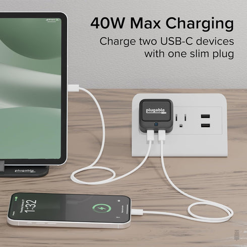 Plugable Dual USB C Wall Charger, 40W Foldable 2-Port Flat USB C Fast Charger Block, USB-C Power Adapter for iPhone 15,