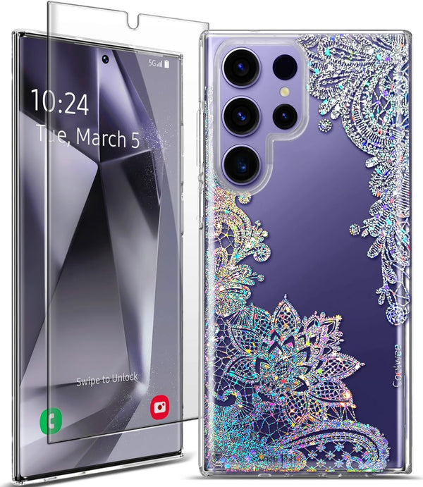 Coolwee Galaxy S24 Ultra Case - 6.8" Shockproof Thin Clear Glitter, Cute Crystal Lace, Soft TPU Bumper, Mandala Design.