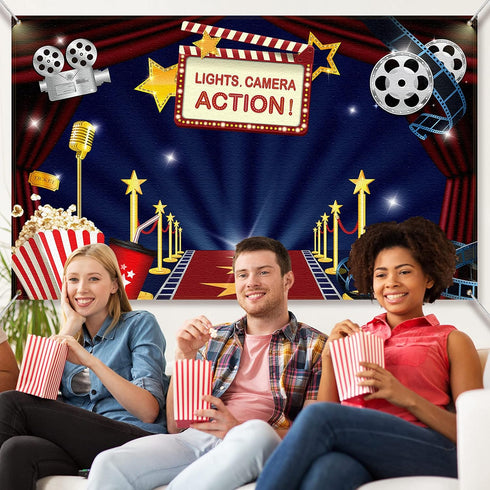 Movie Theme Party Decorations - Large Fabric Backdrop for Movie Night Birthday Party Event, 72.8 x 43.3 Inch
