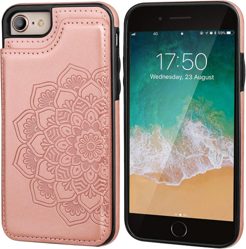 Vaburs Wallet Case for iPhone SE(2022)/SE(2020)/8/7, Card Holder, Embossed Mandala Pattern, Rose Gold