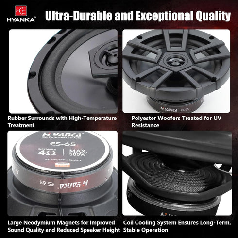 H YANKA ES-65 6.5 Door Speakers, 500 Watts Full-Range Stereo, 2-Way Coaxial Speakers, Installation Kit for Cars