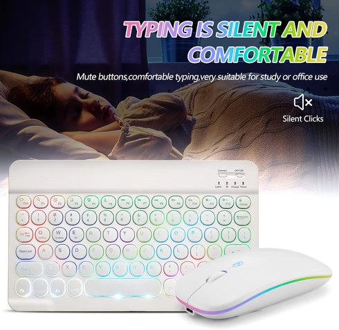 Ultra-Slim Bluetooth Keyboard and Mouse, Portable Mini Wireless Keyboard Rechargeable with 7-Color Backlit for iPad,