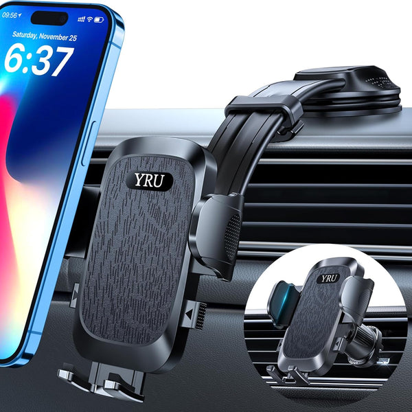 YRU 2024 Ultimate Car Phone Holder Mount with Bendable & Adjustable Aluminum Arm for iPhone 15 14 13 12 Pro Max