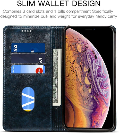 SINIANL iPhone XR Leather Wallet Folio Case, Book Design Flip Cover with Stand, ID Credit Card Slot, Blue