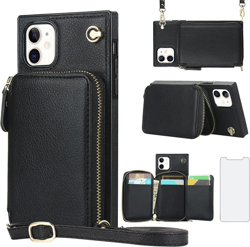 Asuwish Phone Case for iPhone 11, Wallet Cover with Screen Protector and Zipper Card Holder Slot, Leather Flip Cell