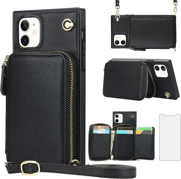 Asuwish Phone Case for iPhone 11, Wallet Cover with Screen Protector and Zipper Card Holder Slot, Leather Flip Cell