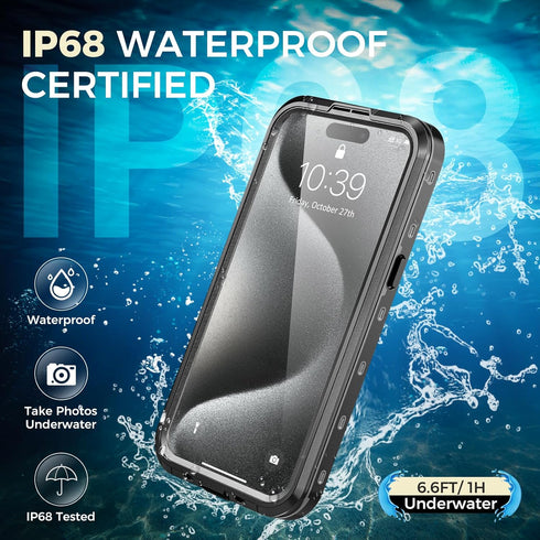 iPhone 15 Pro Case Waterproof, IP68 Case with Kickstand, Impact Resistant TPU + PC for Diving, Swimming, Hiking