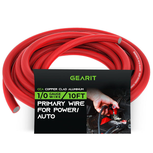 GearIT 1/0 Gauge Wire (10ft - Red Translucent), Copper Clad Aluminum CCA, Car Audio Speaker Power/Ground
