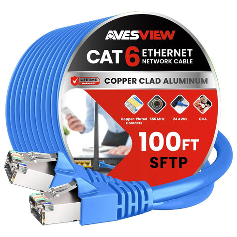 CAT 6 Shielded Ethernet Cable 100 FT, Indoor High-Speed (SFTP) 10Gbps Snagless