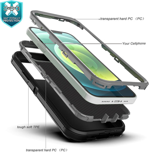 YmhxcY Shockproof Case for iPhone 12 & 12 Pro, 3-Layer Durable Protection, Heavy Duty Cover, Black and Grey