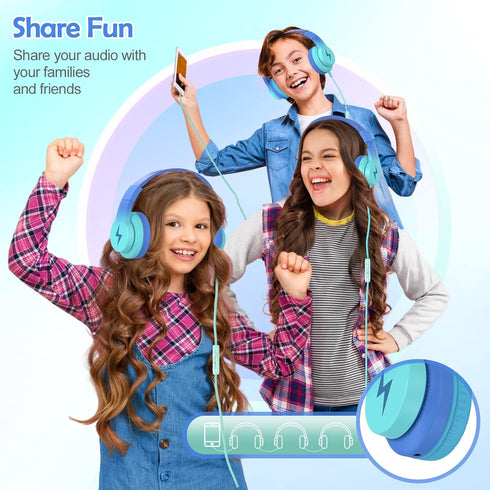 Kids Headphones with Microphone, Wired 85/94dB Volume Limiter, Sharing Jack, Foldable for Online Study, Gradient Blue