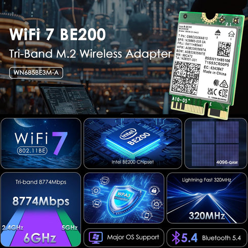 WAVLINK WiFi 7 Wireless Card, 8774Mbps Tri-Band BE200 M.2 NGFF Module with Bluetooth 5.4
