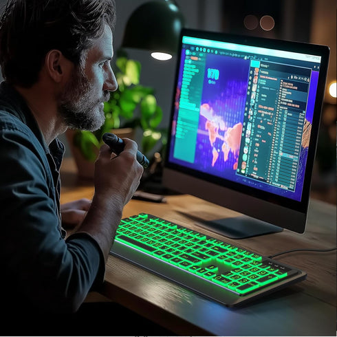 Large Print Keyboard - 7 Interchangeable Backlight Colors, Light Up USB Wired Computer Keyboards, USB Plug-and-Play,
