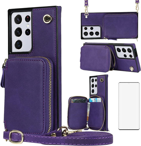 Asuwish Wallet Case for Samsung Galaxy S21 Ultra 5G - Leather, Zipper Card Holder, Tempered Glass Protector, Purple.