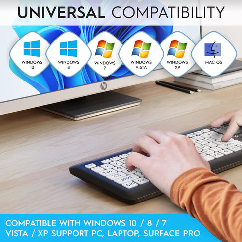 Magnus 325 Wireless Full Size Computer Keyboard, Large Print High Contrast Black & White Keys, Soft Buttons, Ideal for