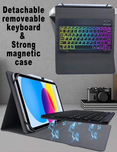 Universal Tablet Keyboard Case - 9.7" to 11" Tablets, 7 Color Rainbow Backlit Removable Keypad with Pen Holder - Black